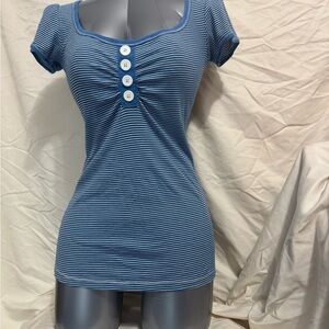 F.A.N.G Blue Striped Women's Top Size M Made In Cambodia